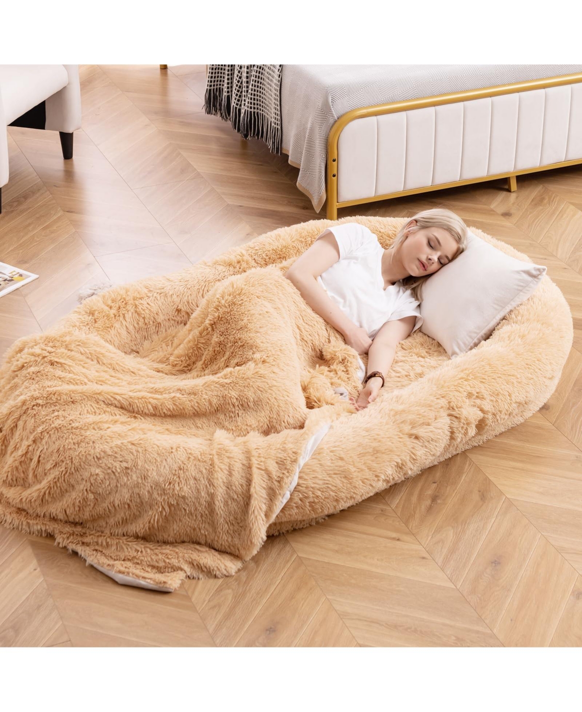 Washable Fluffy Human Dog Bed with Soft Blanket and Plump Pillow - Brown