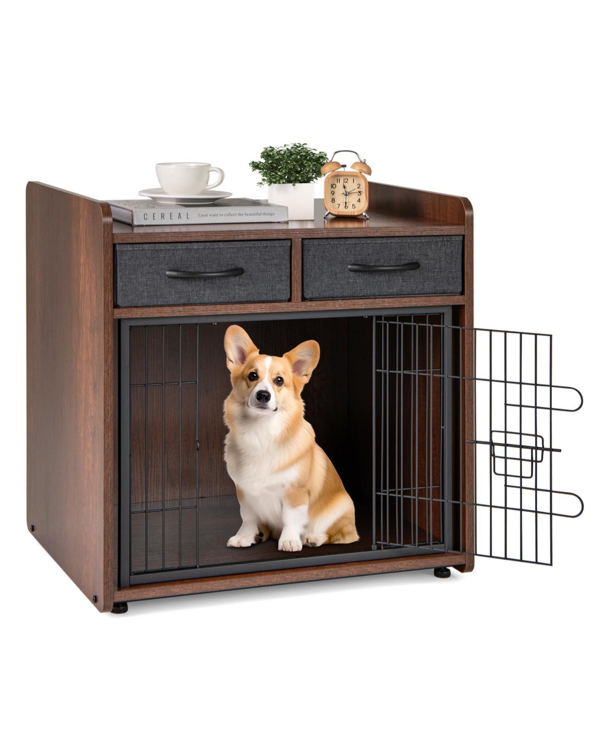 Dog Crate Furniture Indoor Dog Cage with 2 Fabric Drawers End Table - Brown