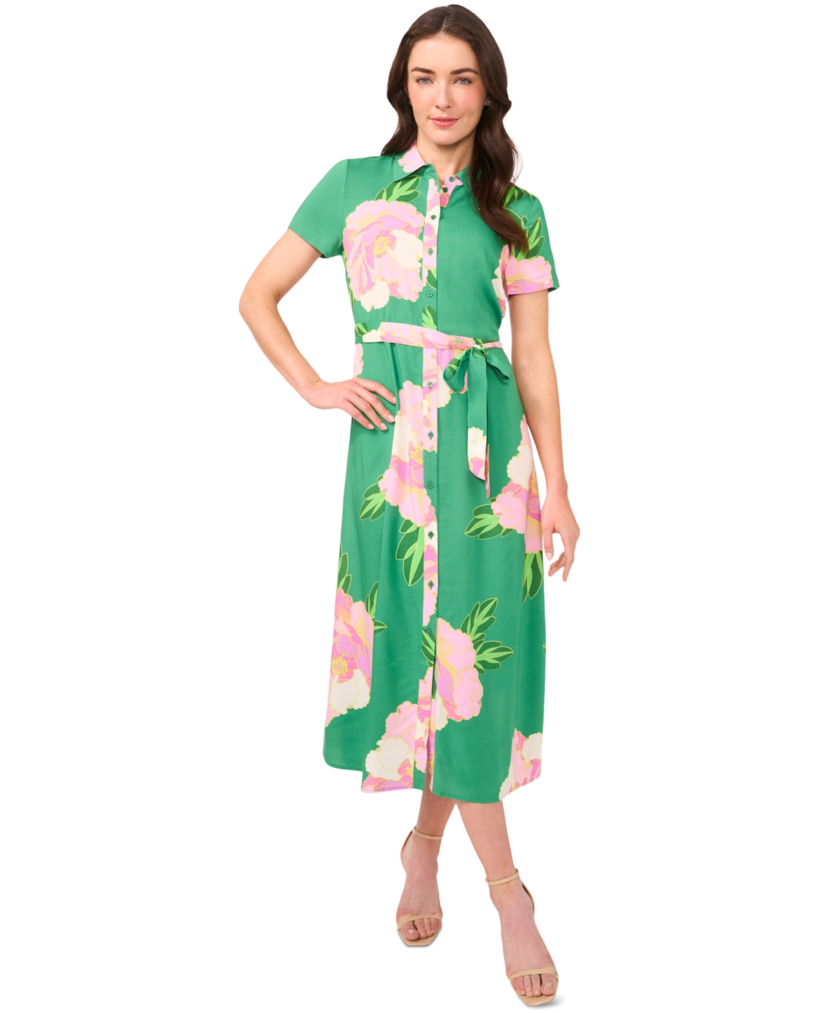 Shop Cece Women's Floral Print Button-front Midi Shirtdress In Medium Green