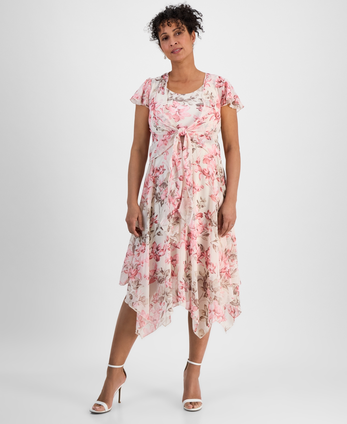 Robbie Bee Women's 2-pc. Floral-print Jacket & Dress Set In White,pink