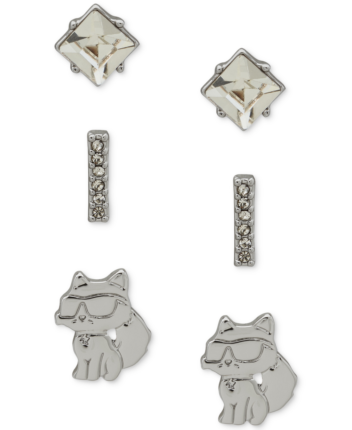 Shop Karl Lagerfeld 3-pc. Set Crystal & Choupette Stud Earrings In Silver