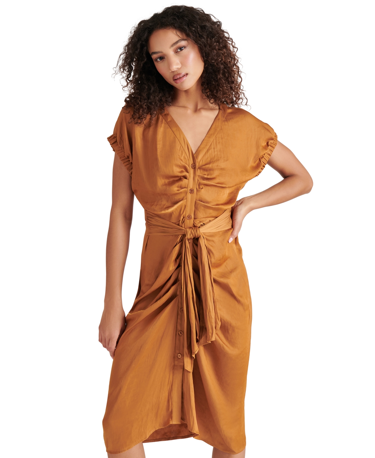 Steve Madden Bruno Tie Waist Midi Dress In Caramel Cafe