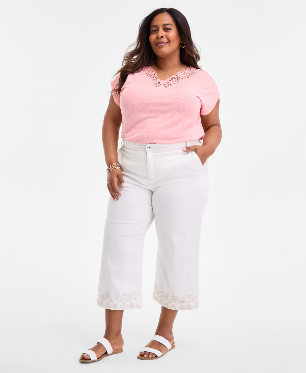 Plus Size High-Rise Wide-Leg Crop Jeans, Exclusively at Macy's - Eyelet Embroidery