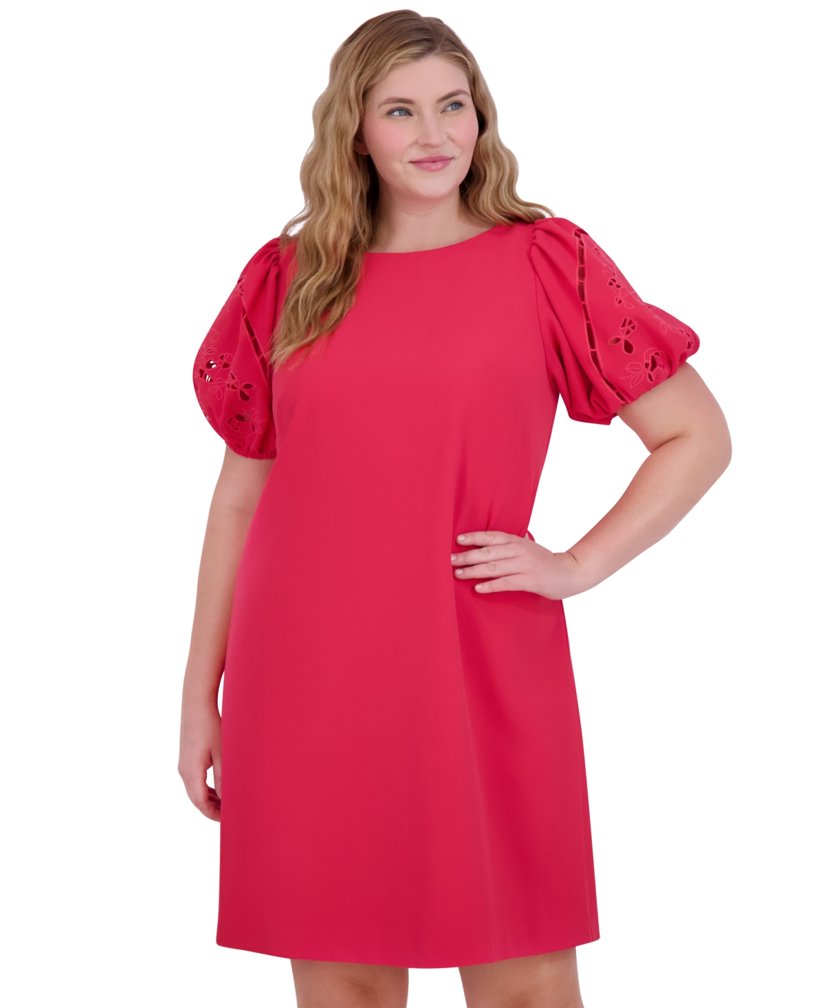 Vince Camuto Plus Size Puff-sleeve Stretch Crepe Shift Dress In Pink