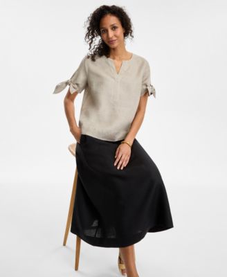 Women's 100% Linen Split-Neck Tie-Cuff Top, Created for Macy's