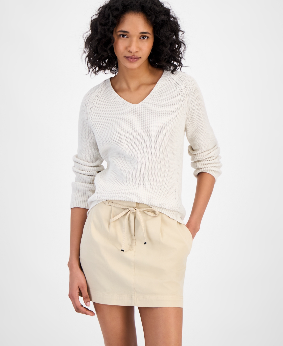 Women's V-Neck Long-Sleeve Cotton Sweater - Soft Cream