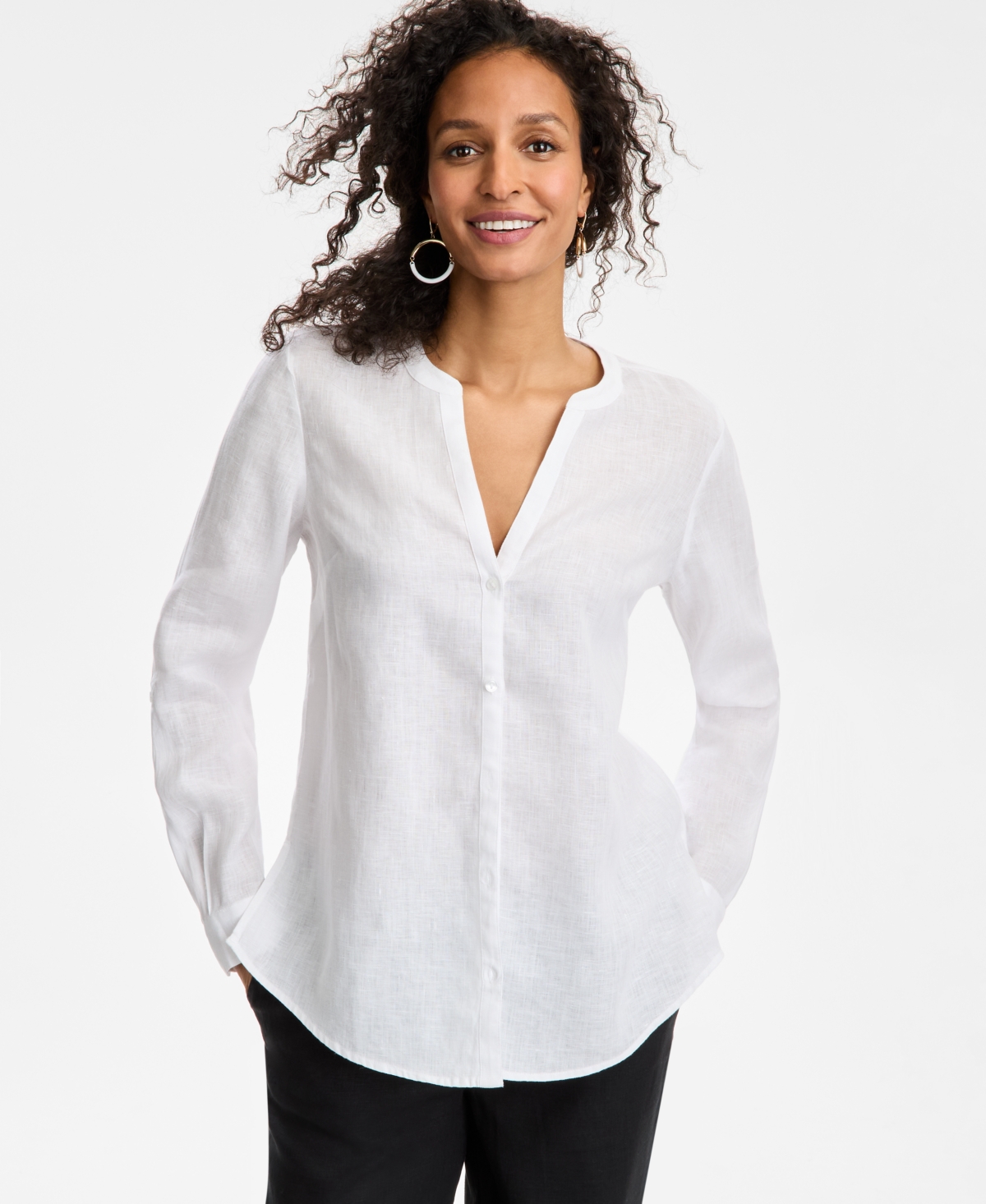 CHARTER CLUB WOMEN'S BUTTON-DOWN ROLL-TAB-SLEEVE WOVEN 100% LINEN TOP, EXCLUSIVELY AT MACY'S 