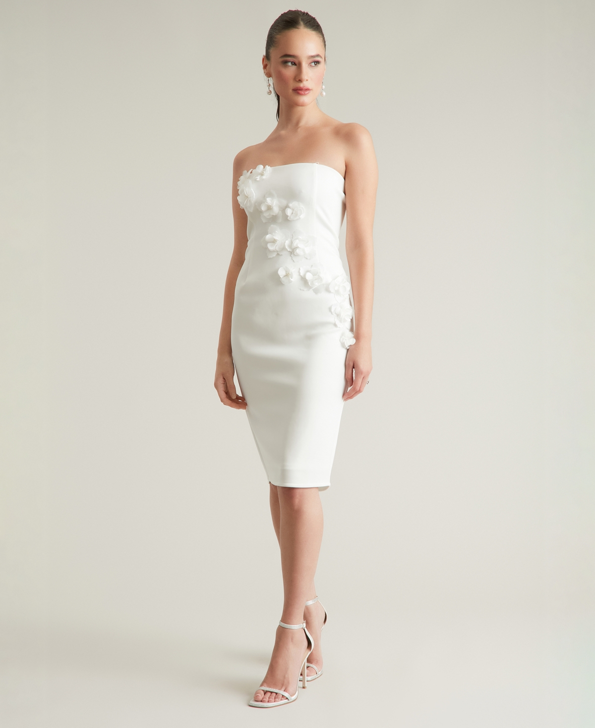 Women's Embellished 3D Floral Applique Strapless Dress - Ivory Flower