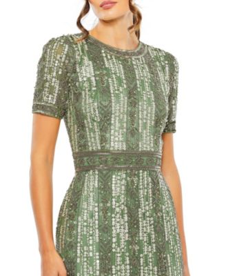 Women's High Neck Short Sleeve Crystal Fringe Column Dress