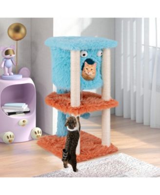 Cute Monster-Themed Cat Tower with Private Condo & Soft Long Plush Cozy & Fun Playhouse for Cats