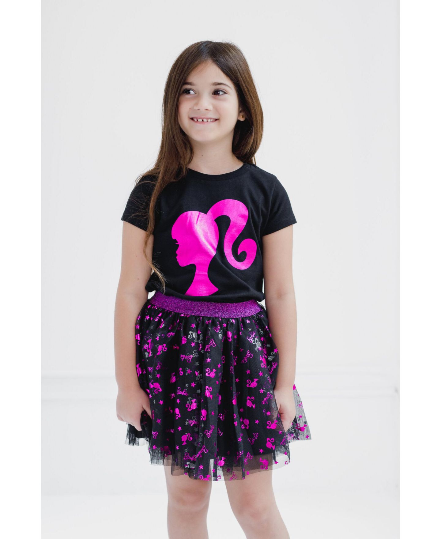 Юбка Barbie Metallic Print T-Shirt and Tulle Mesh Skirt для девочек-малышей, цвет: Чёрный / Розовый — фото 3