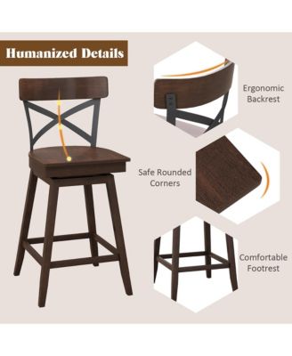 Set of 2 Wooden Swivel Bar Stools Counter Height Kitchen Chairs w/ Back