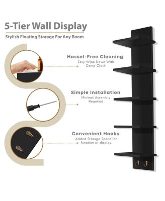 5 Tier Wall Mounted Floating Shelf Unit with Hooks - Home Decor and Storage Organizer