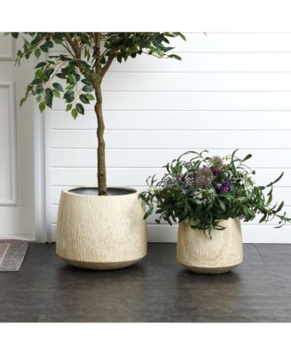 Indoor and Outdoor 2-Piece Marble Brown Ribbed Texture MgO Planter Set