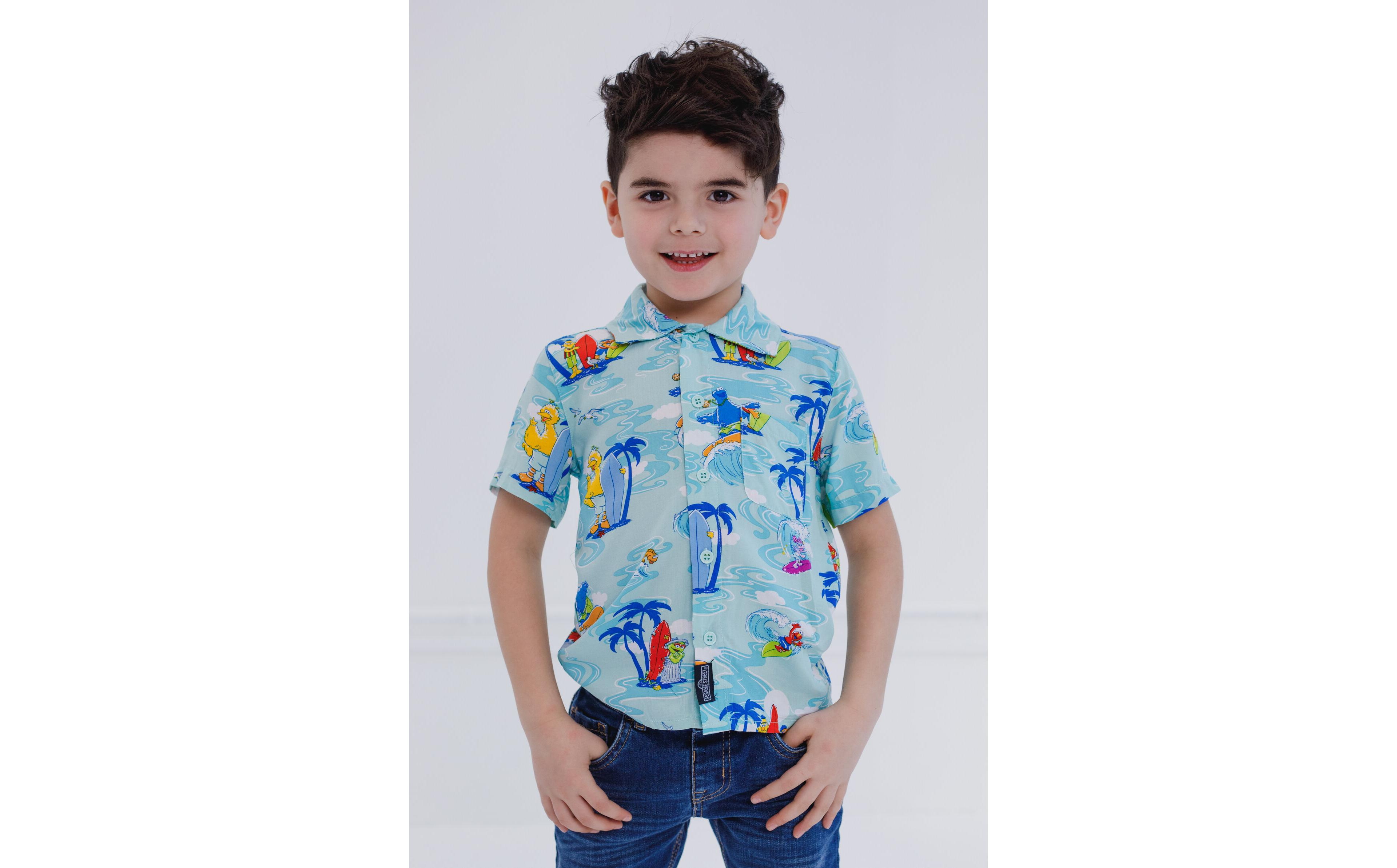 Sesame Street Big Bird Cookie Monster Elmo Oscar the Grouch Matching Family Hawaiian Button Down Shirt Infant to Little Kid