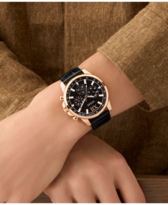 Men's Multifunction Black Genuine Leather Watch, 44mm