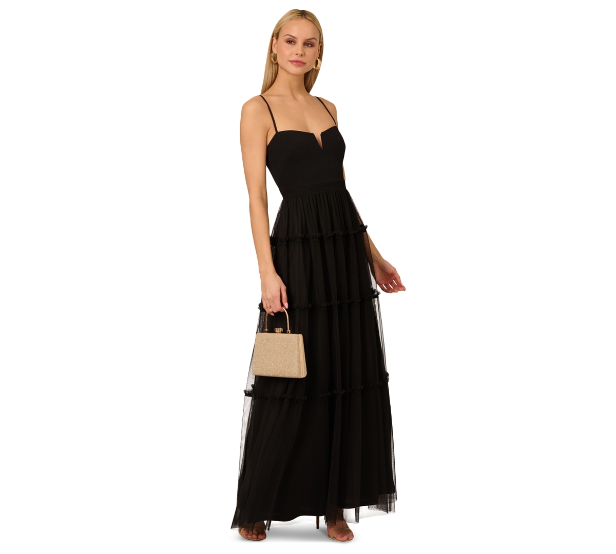 Adrianna By Adrianna Papell Women's Ruffle Tiered Mesh Sleeveless Gown In Black