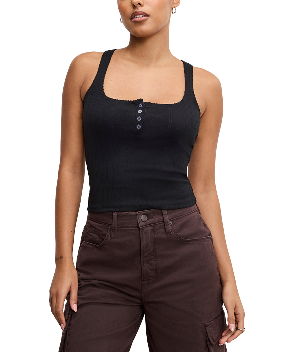 GOOD AMERICAN WOMEN'S POINTELLE SQUARE-NECK HENLEY TANK TOP 