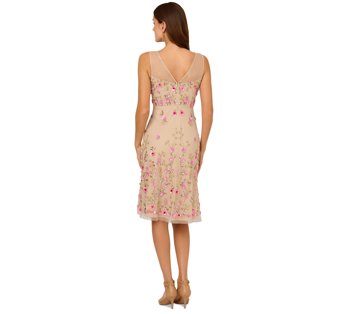Shop Adrianna Papell Women's Beaded Mesh Midi Dress In Biscotti Multi