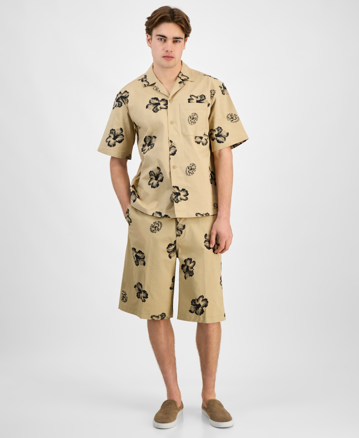 Hugo Boss Relaxed-fit Shirt In Hibiscus-print Stretch Cotton In Brown