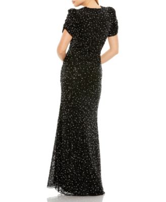 Women's Gathered Short Sleeve Beaded Gown