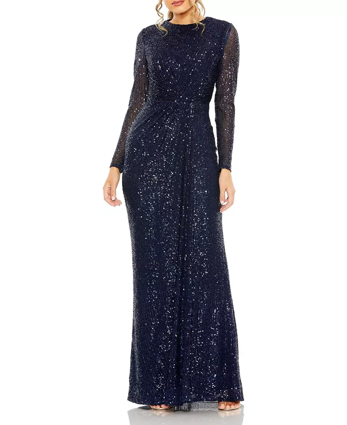 Women's Sequin Long Sleeve High Neck Column Gown - thumbnail 4