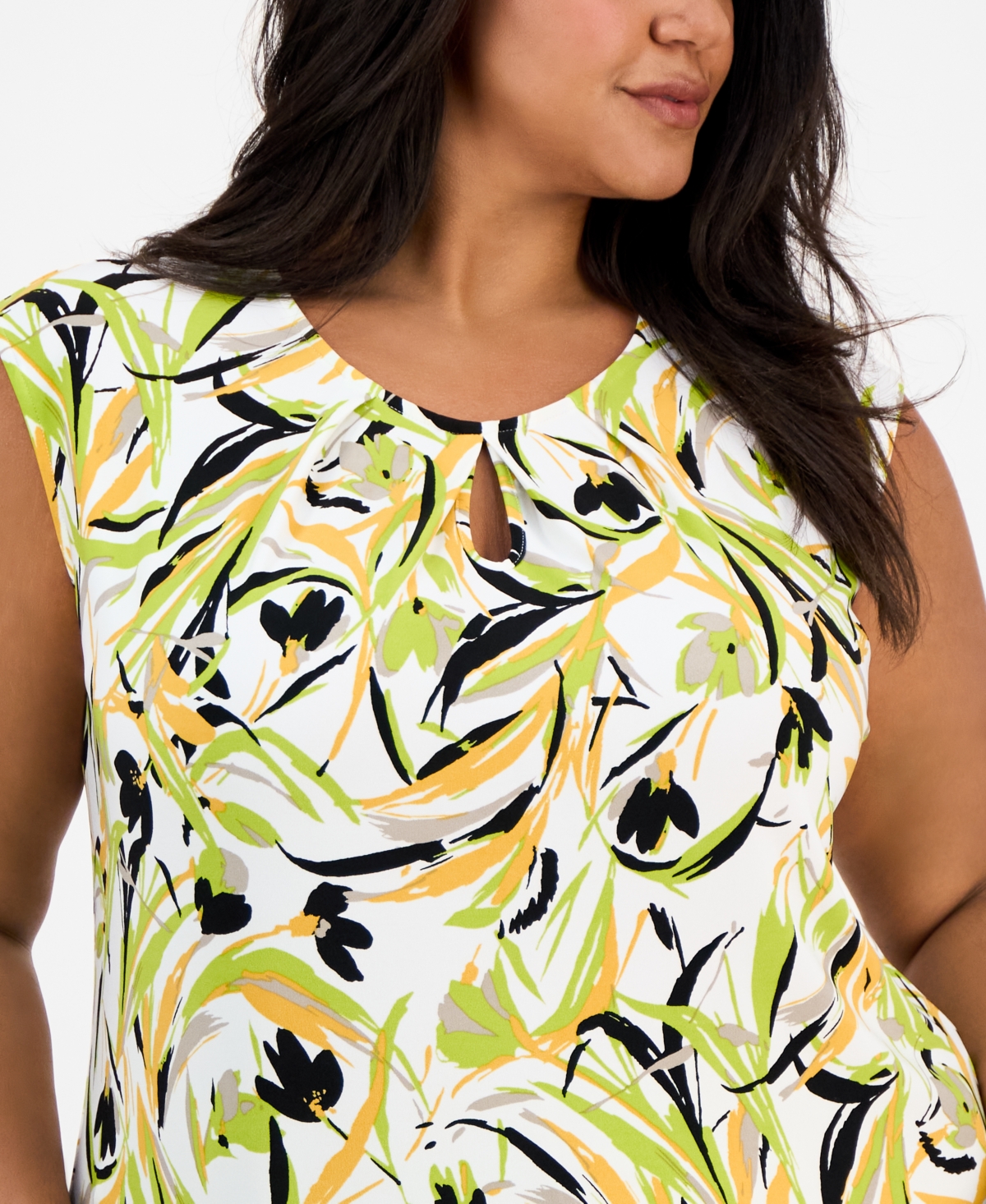 Kasper Plus Size Printed Keyhole-neck Sleeveless Top In Lily White Multi