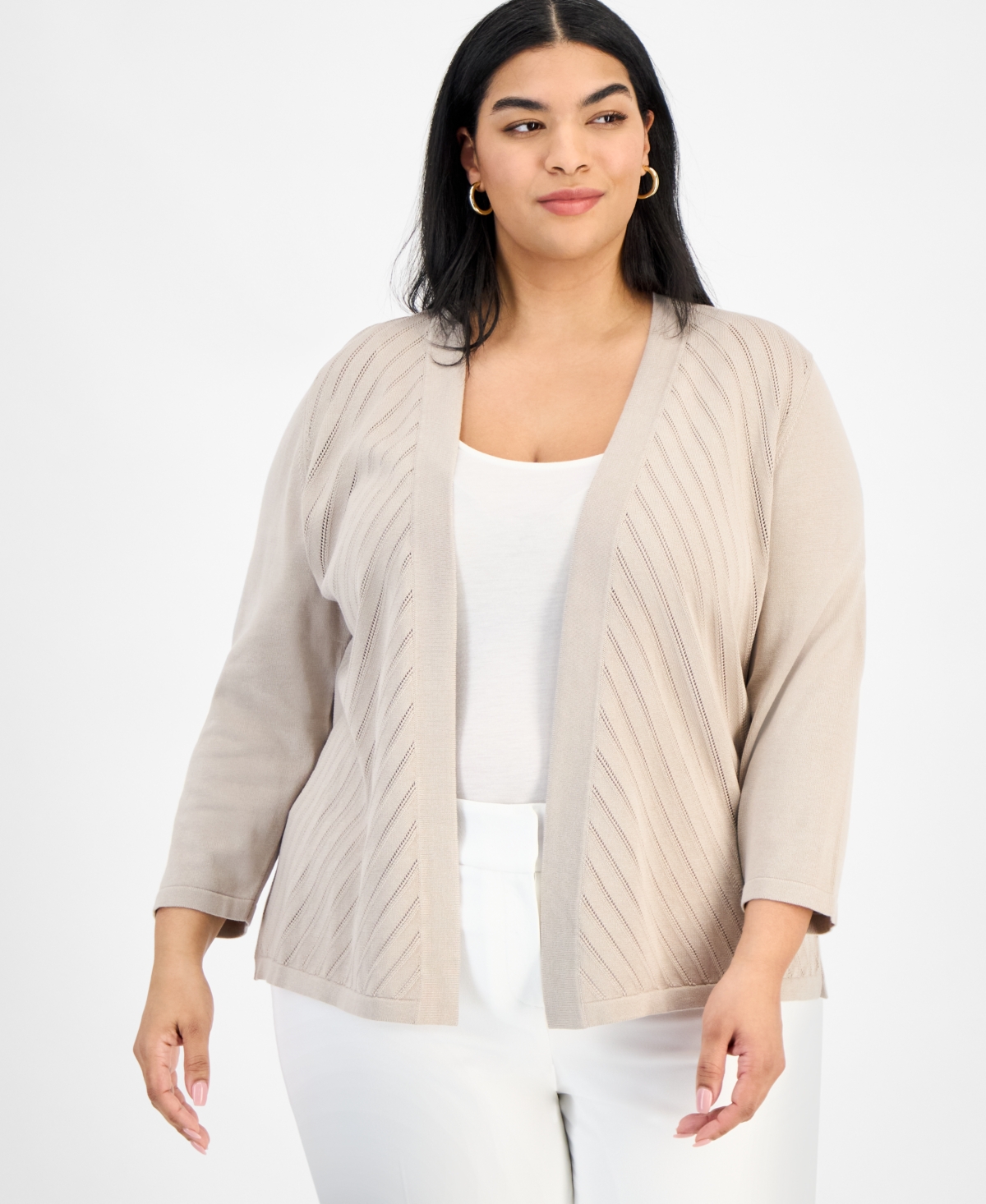 Kasper Plus Size Diagonal Stitch Open-front Cardigan In Summer Straw