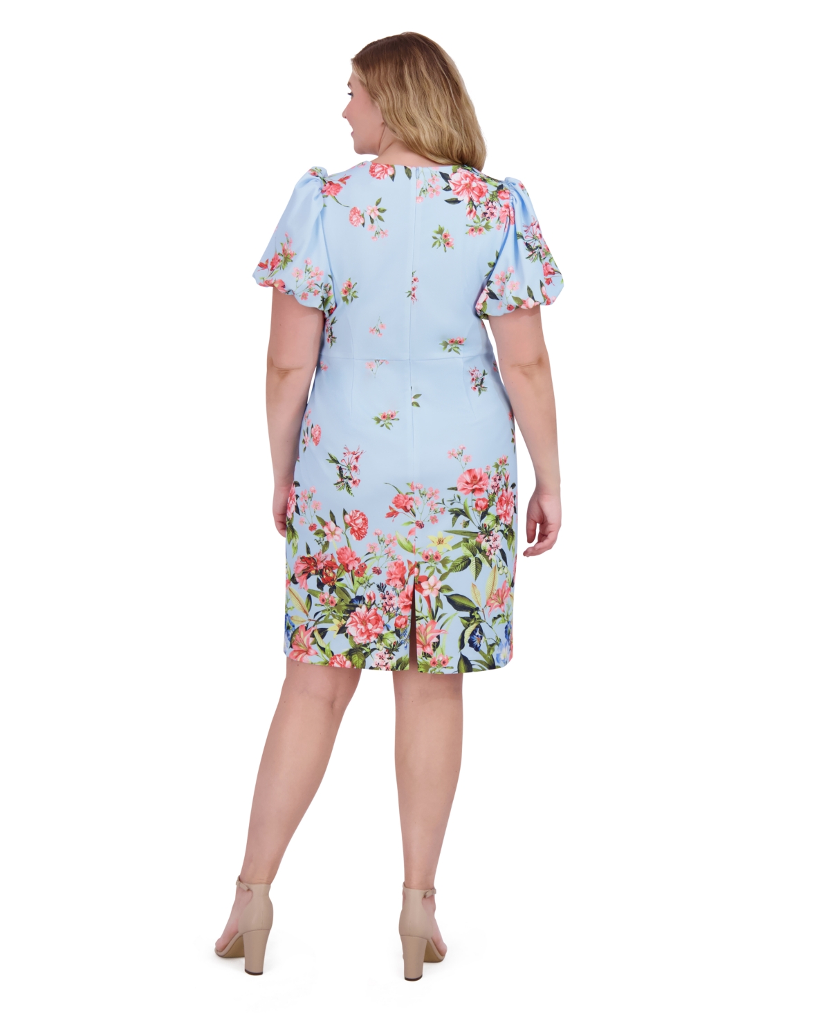 Shop Eliza J Plus Size Printed V-neck Puff-sleeve Dress In Light Blue