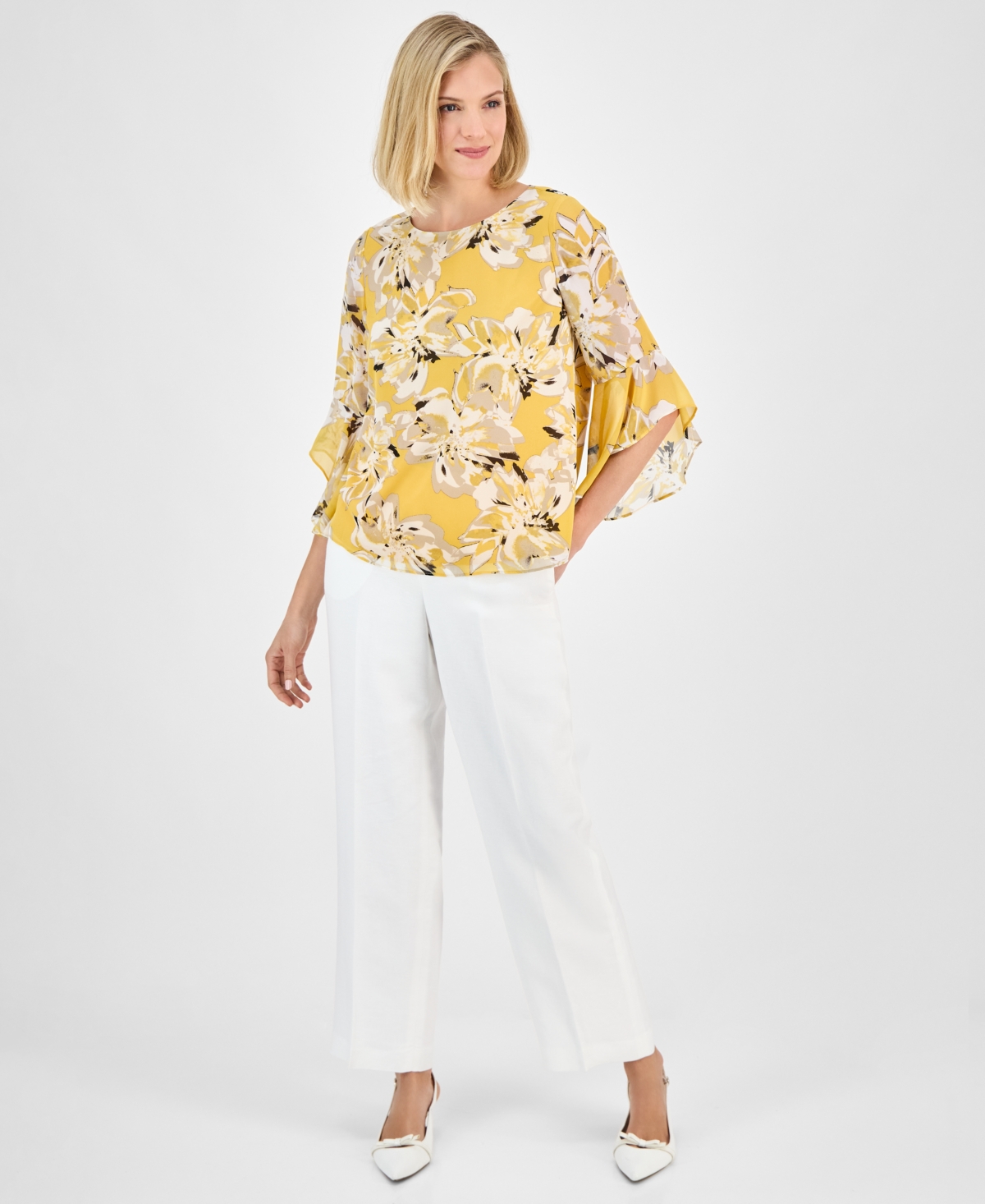 Kasper Women's Printed Ruffled Bell-sleeve Top, Regular & Petite In Butterscotch Multi