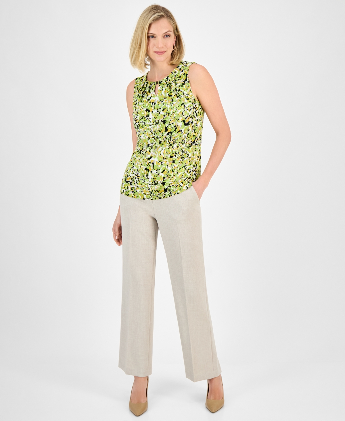 Kasper Women's Printed Pleated-neck Keyhole Top, Regular & Petite In Kiwi Multi