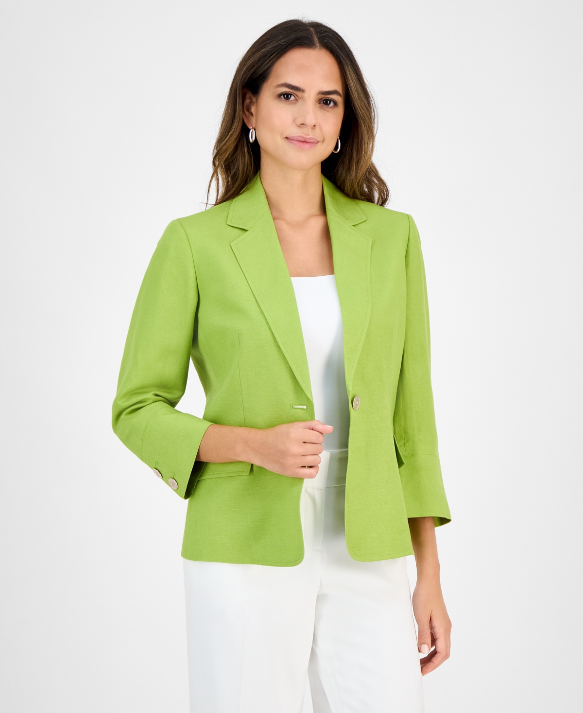 KASPER WOMEN'S LINEN BLEND NOTCHED-COLLAR 3/4-SLEEVE JACKET, REGULAR & PETITE 