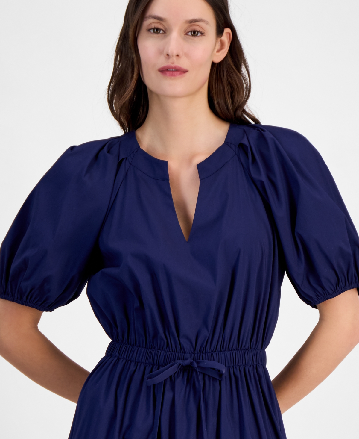 Anne Klein Petite Puff-sleeve Tiered Denim Midi Dress In Blue