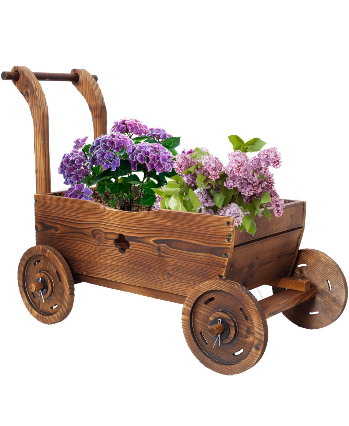 Wooden Wagon Planter with Wheels, Drain Hole & Handle - Brown