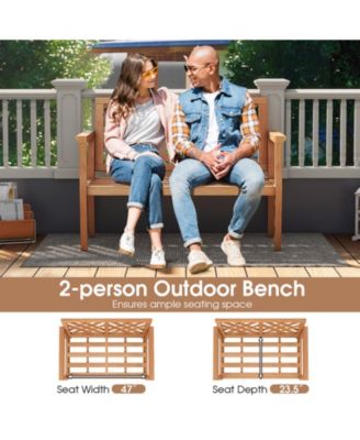 Outdoor Garden Bench 2-Person Teak Wood Bench with Comfy Armrests and Backrest