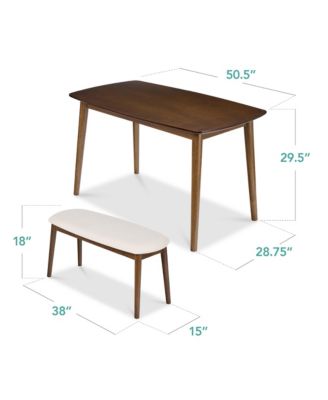 3-Piece Mid-Century Modern Upholstered Wooden Dining Set w/ 2 Bench Seats - Walnut/Cream