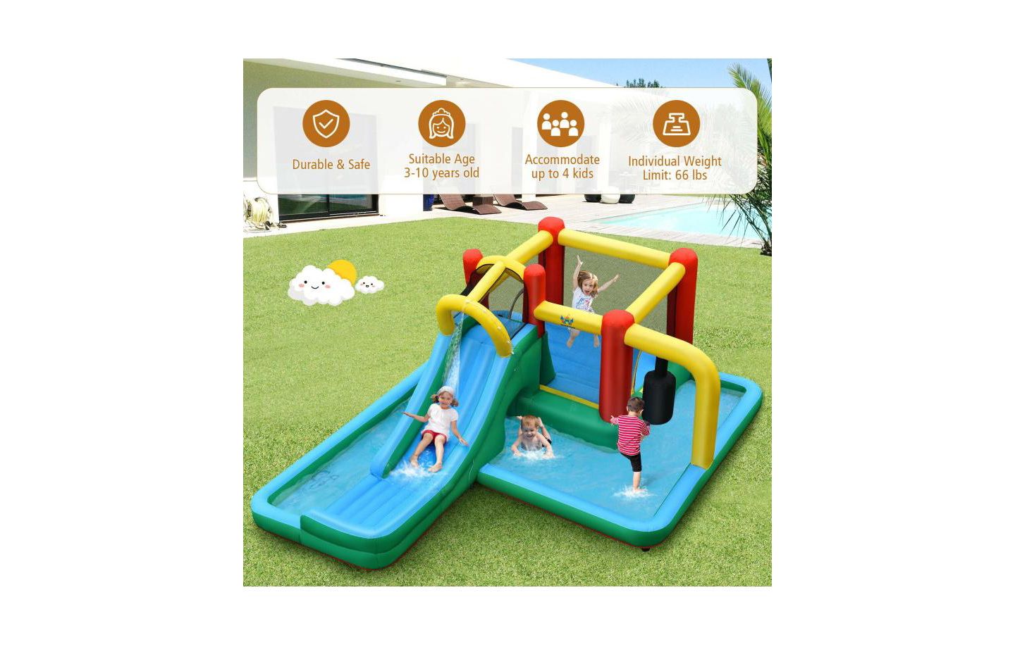 Детская игрушка Slickblue Inflatable Water Slide with Climbing Wall & Bounce House Playset, Accommodates 4 Kids, 3–10 лет, цвет: Синий / Жёлтый — фото 4