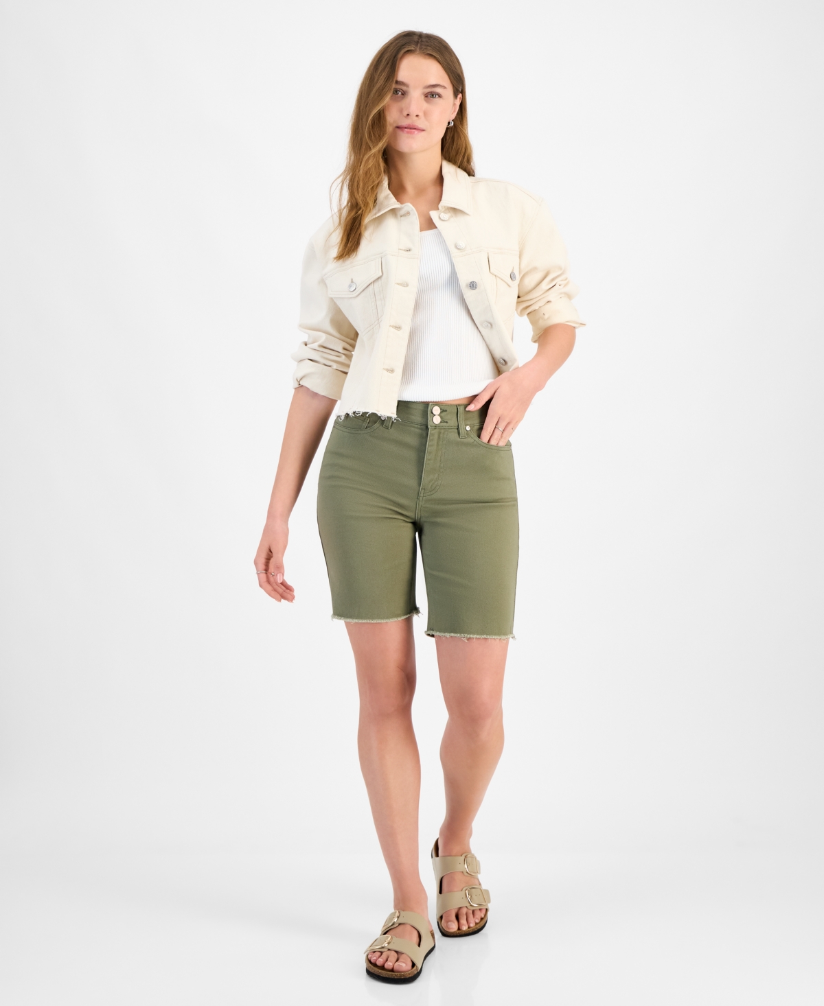 Juniors' High-Rise Frayed Bermuda Shorts - Tan