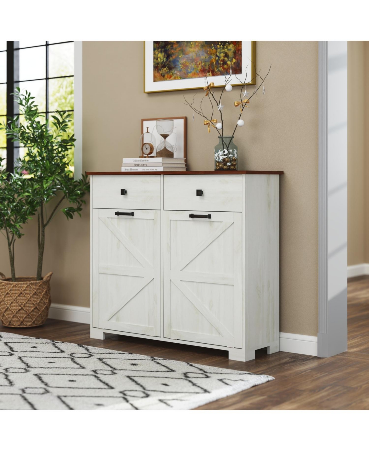 Farmhouse Double Tilt-Out Trash Cabinet with Hideaway Drawer - Brown + antique white