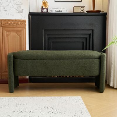 Elegant Long - shaped Storage Ottoman Bench of boucle material with Simple and Grand Design, Dark Green