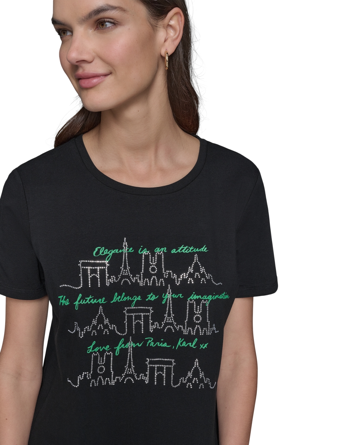 Karl Lagerfeld Women's Rhinestone Paris Skyline Graphic T-shirt In Black  Flore Green