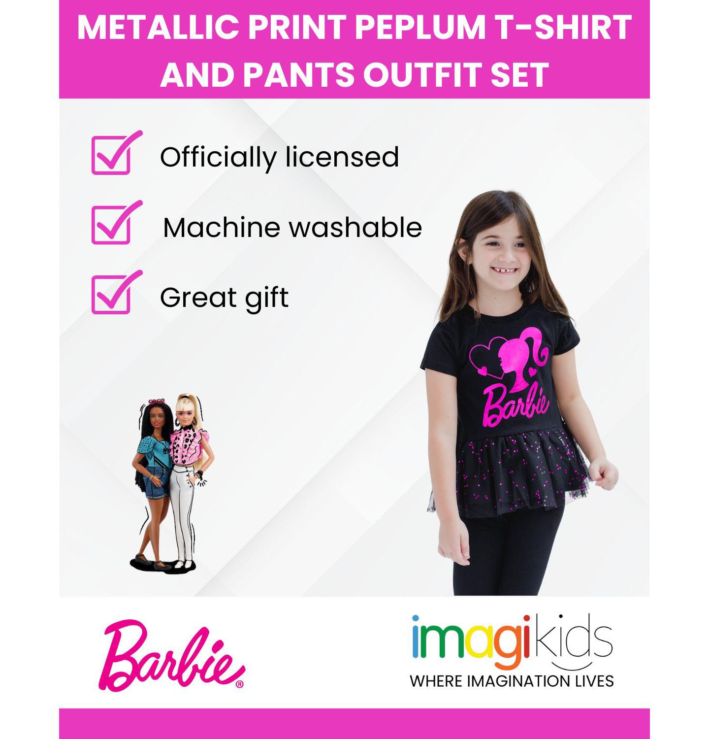 Брюки Barbie Metallic Print Peplum T-Shirt and Pants для девочек-малышей, цвет: Чёрный / Розовый — фото 2