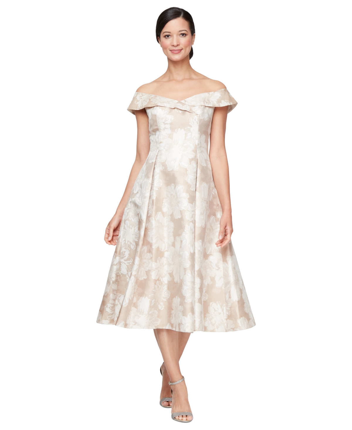 Women's Jacquard Off-The-Shoulder Dress - Champagne