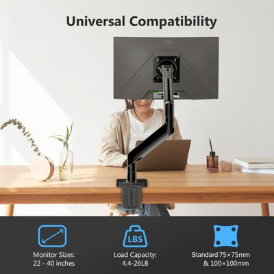 MS05 Single Mount Stand Arm, Supports 22"- 40" monitors and 26 lbs, 360° Adjustable, standards 75x75mm/100x100mm, Clamp & Grommet Base