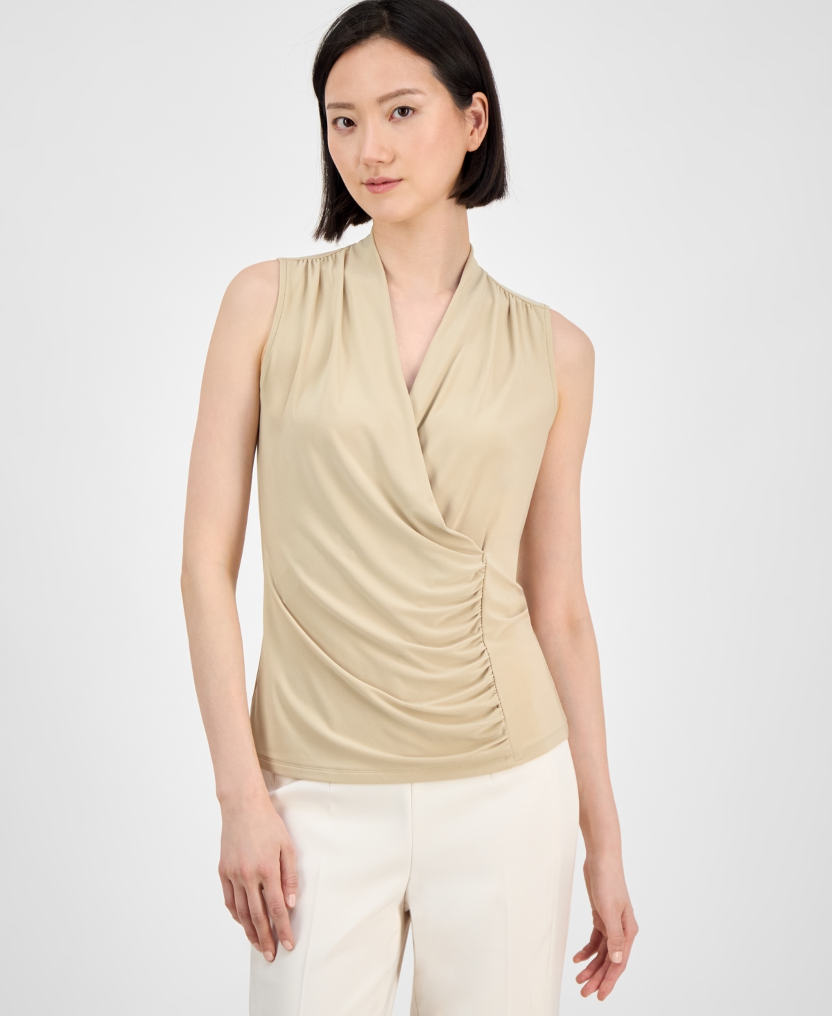 Anne Klein Shirred Faux Wrap Top In Safari
