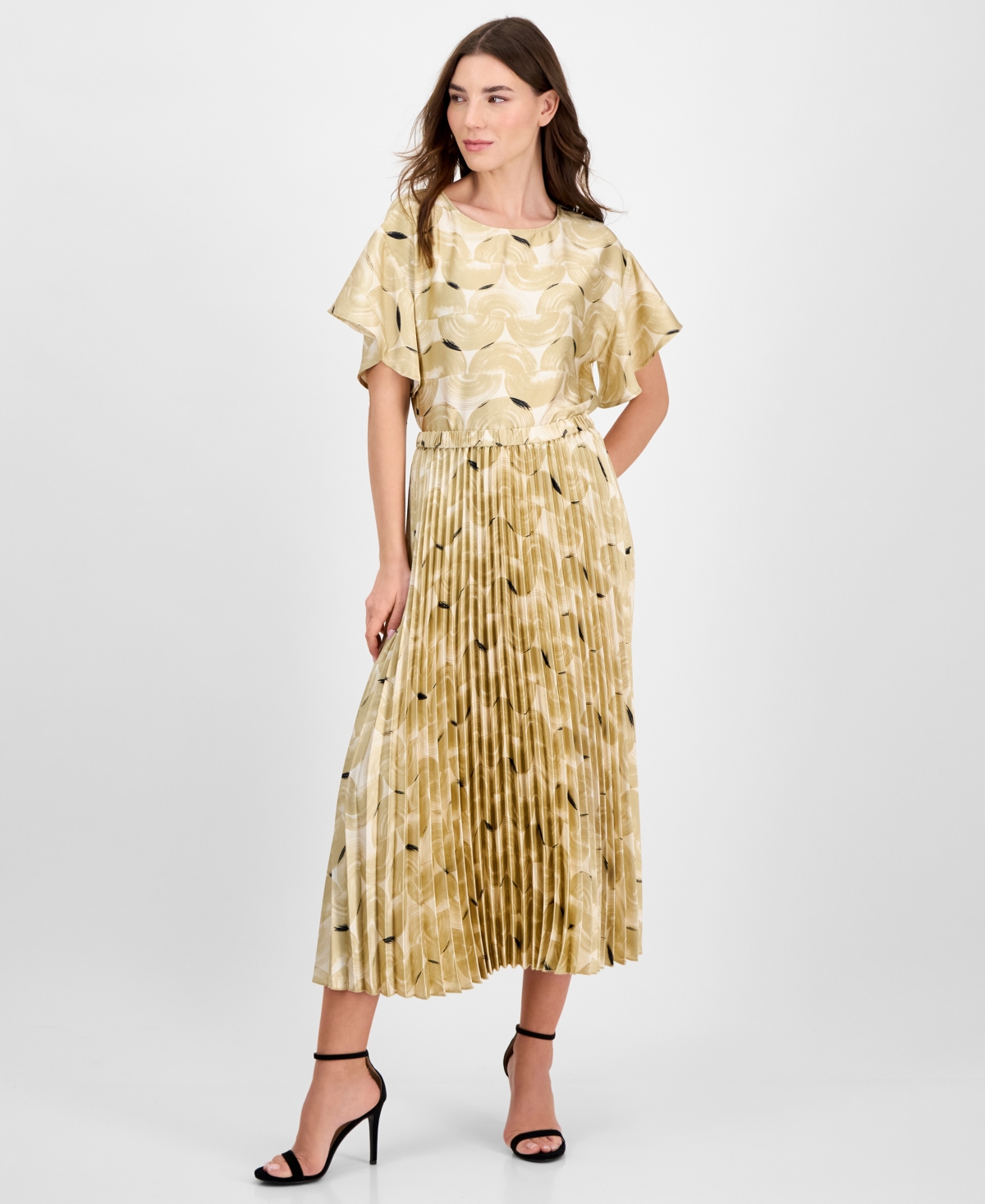 Anne Klein Women's Printed Pleated Pull-on Midi Skirt