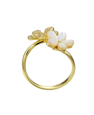 Cubic Zirconia Mother of Pearl Flower Bypass Ring