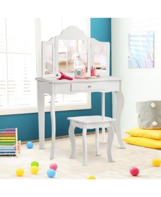 Kids Makeup Dressing Mirror Vanity Table Stool Set
