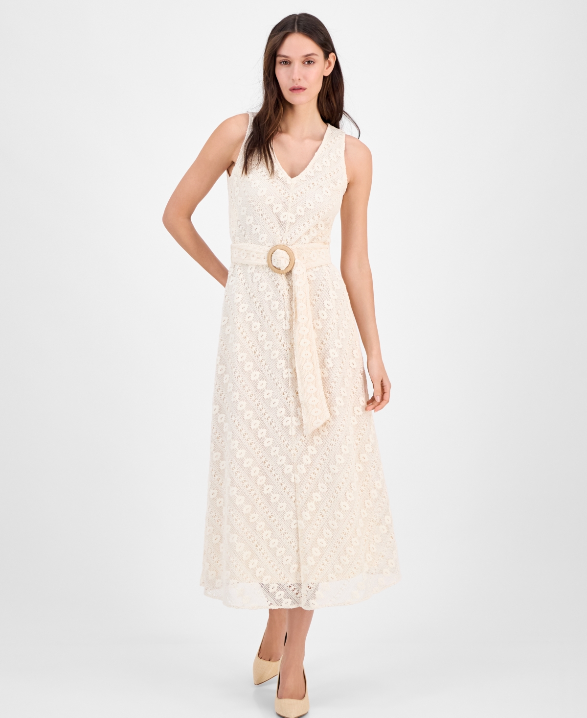 Anne Klein Women's Lace Belted Midi Dress