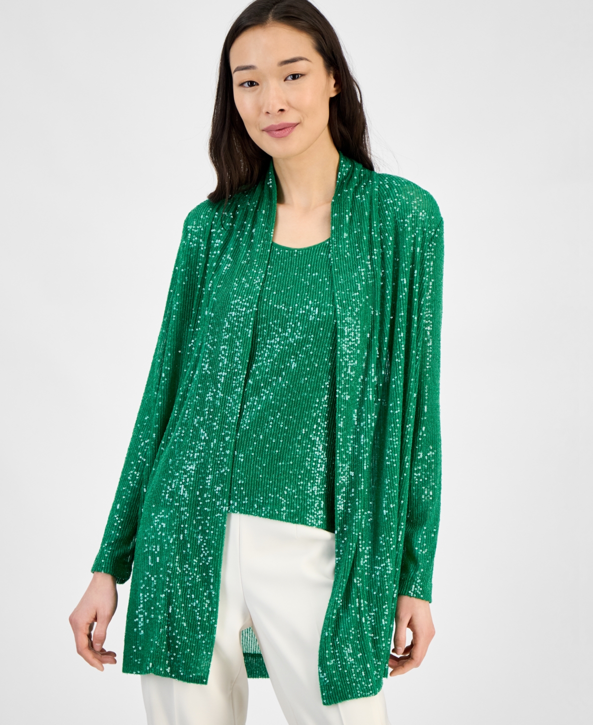 Anne Klein Women's Sequin Open-front Long-sleeve Cardigan